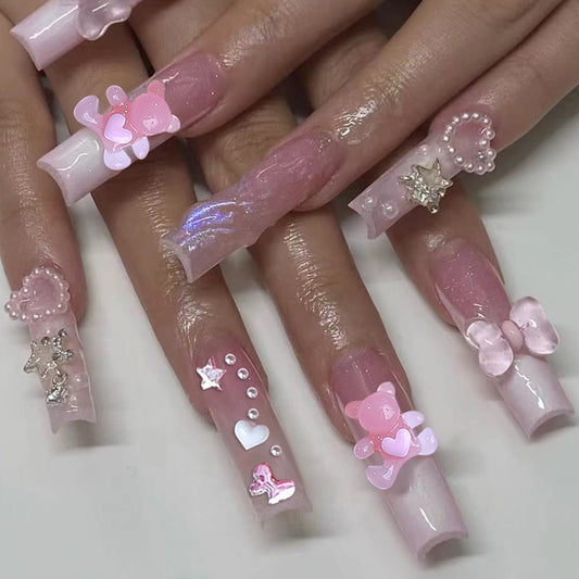 Sweet Pastel Dream Long Square Pink Decorative Press On Nail Set with 3D Bear Heart and Bow Accents