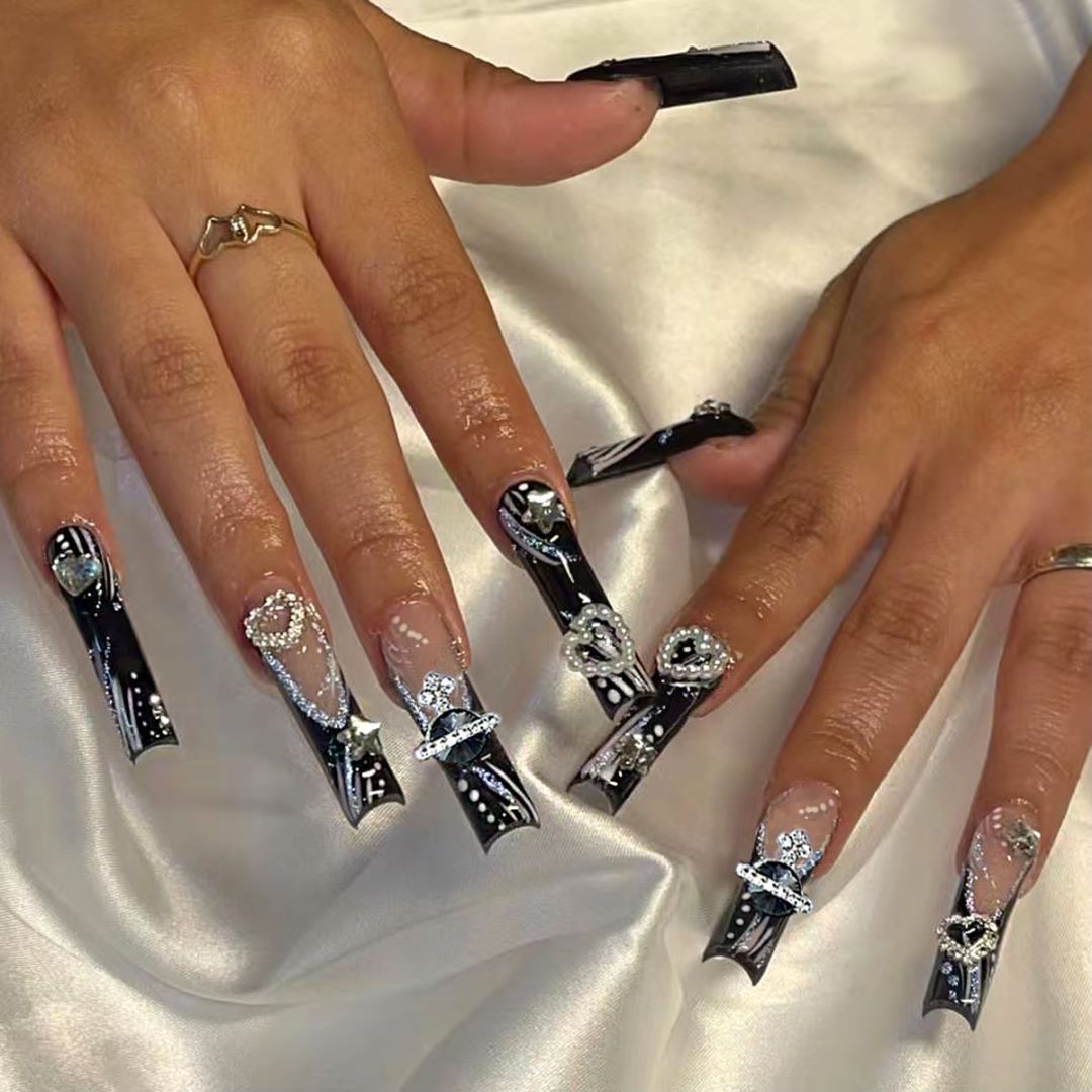 Glamorous Black Square Long Length Press On Nail Set with Crystal Accents and Unique Overlay Design