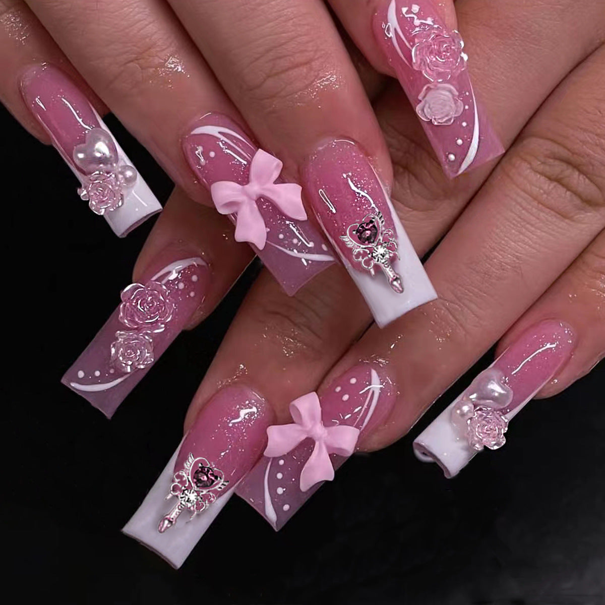 Charming Fairy Tale Long Square Pink Press On Nail Set with Bow and Floral Accents