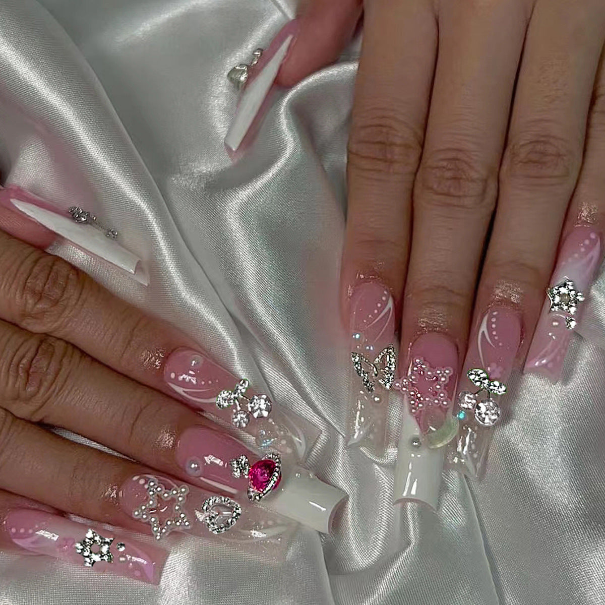 Elegant Garden Party Long Square Pink and White Press On Nail Set with Sparkling Gem Accents