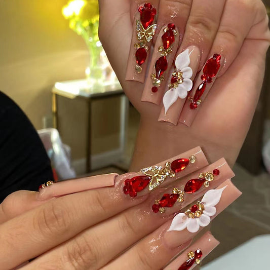 Romantic Elegance Long Square Red Press On Nail Set with Floral and Gemstone Accents