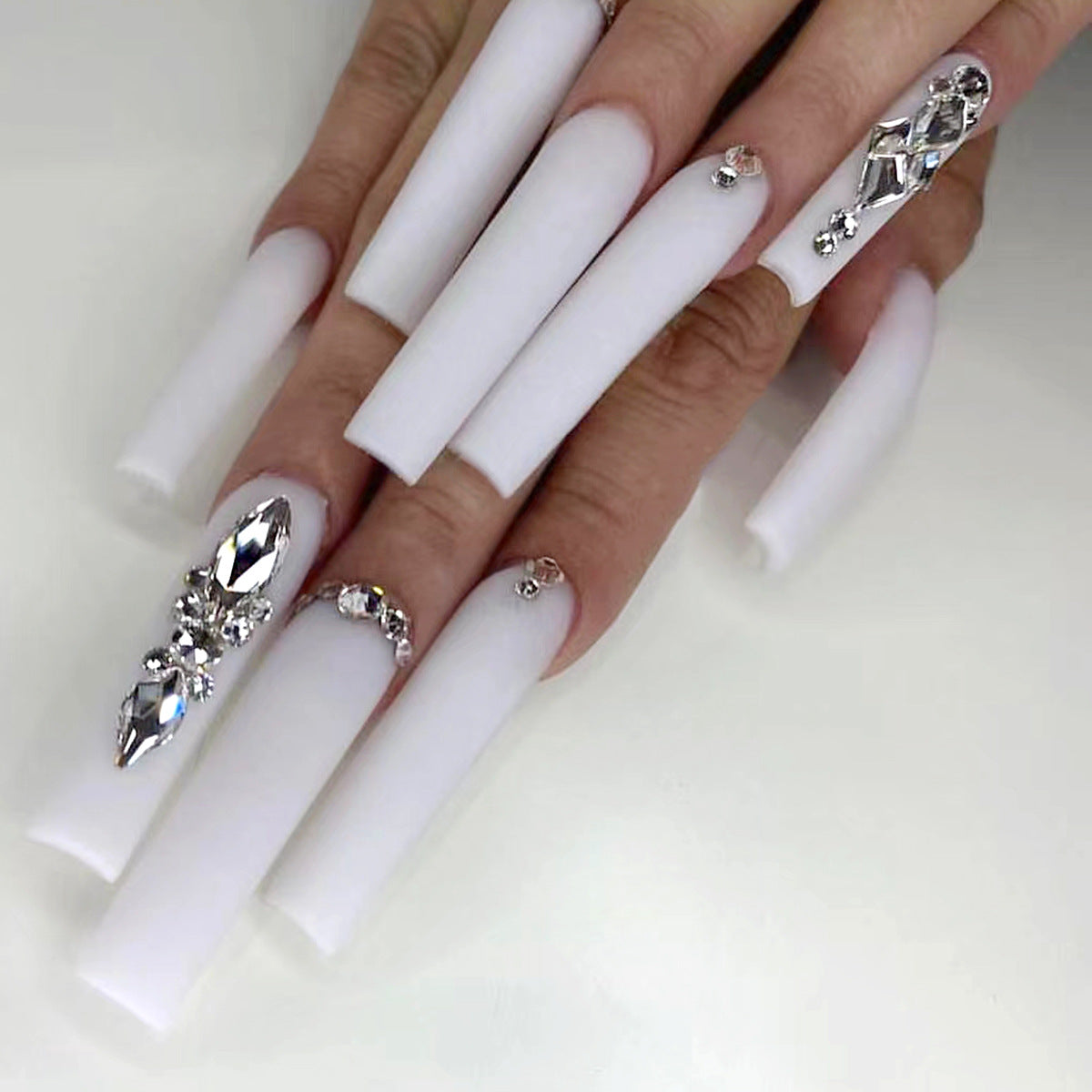 Glamorous Winter Wonderland Extra Long Square Shaped White Press On Nail Set with Rhinestone Accents