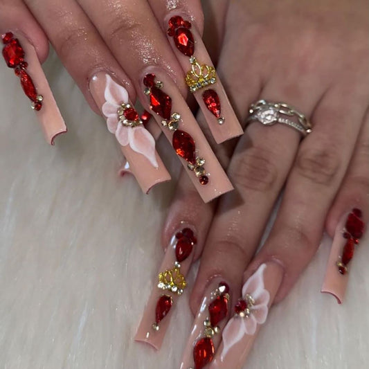 Royal Romance Extra Long Square Press On Nails in Pale Pink with Red and Gold Jewel Accents