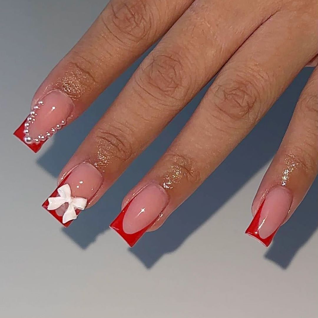 Festive Glamour Long Square Red and Beige Press On Nail Set with Pearl and Bow Accents