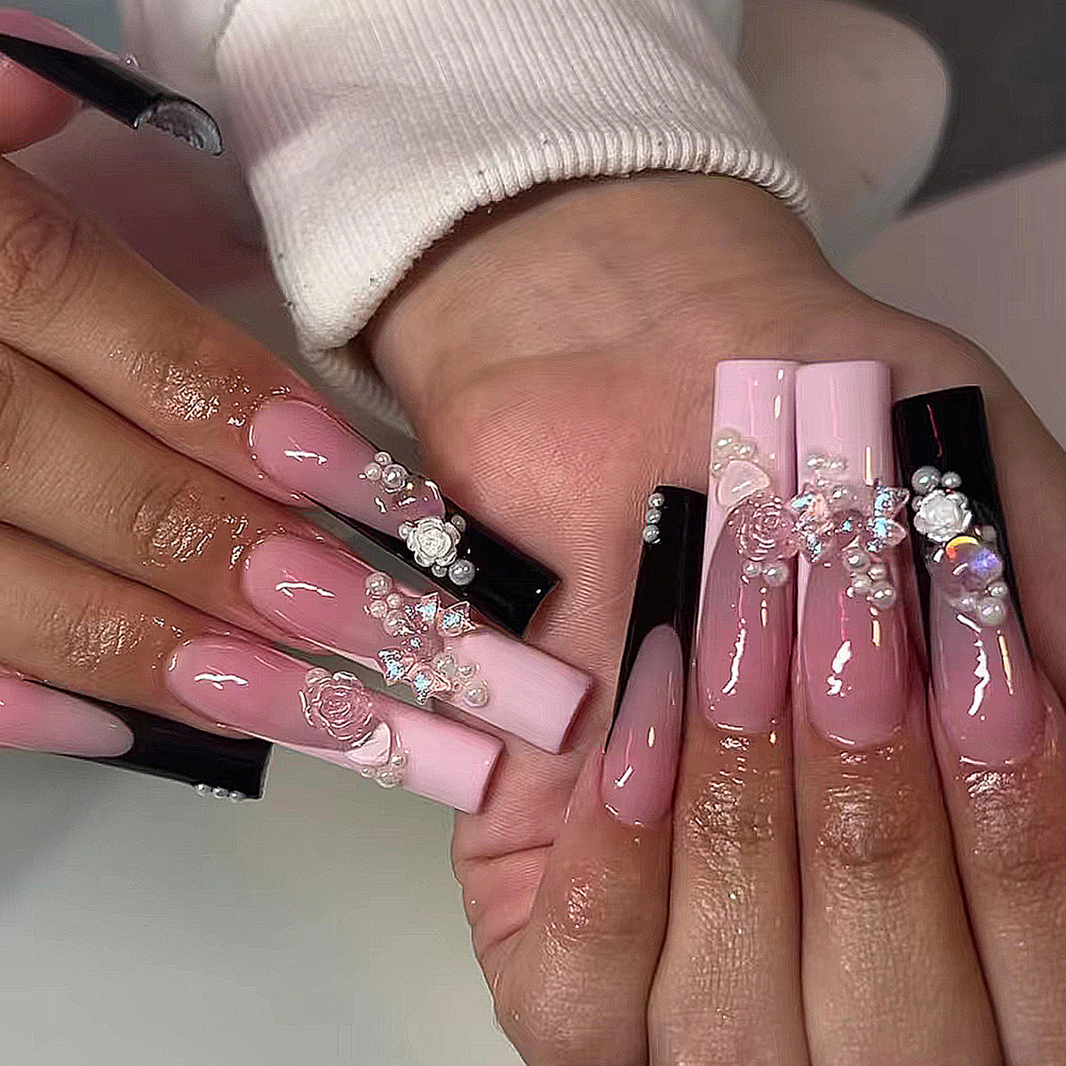 Elegant Floral Fantasy Long Square Pink and Black Press On Nail Set with 3D Flower and Gem Detail