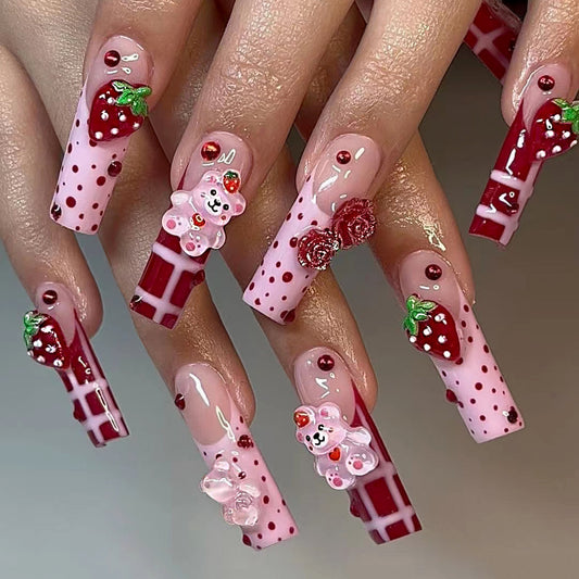 Sweet Strawberry Dream Long Square Pink Press On Nail Set with 3D Bear and Floral Accents