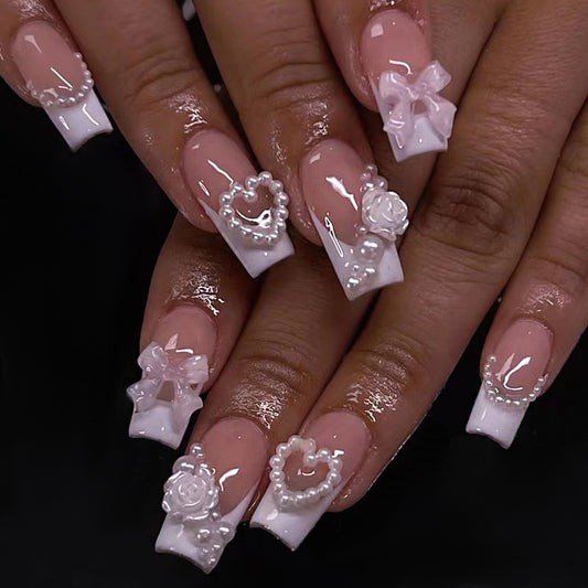 Chic Romance Long Square White Press On Nail Set with 3D Floral and Pearl Accents