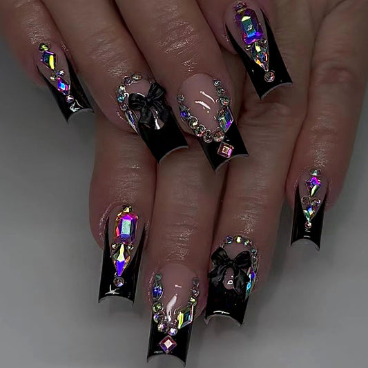 Glamorous Evening Black Long Square Press On Nail Set with Rhinestone Accents and Bow Details