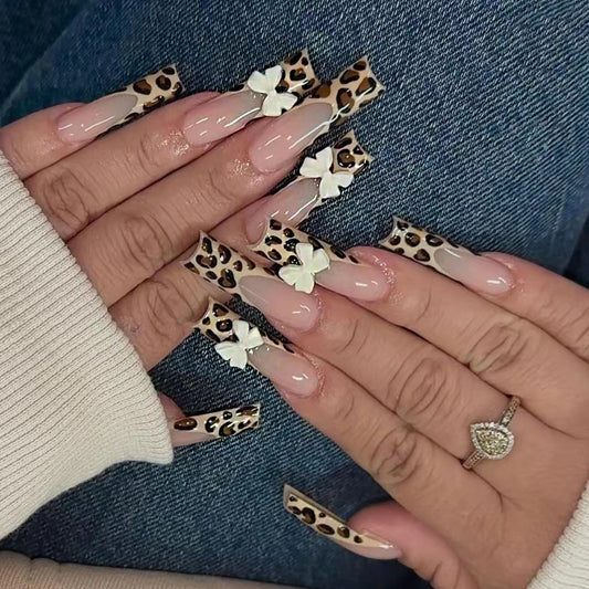 Wild Safari Glam Long Square Leopard Print and Beige Press On Nail Set with Bow Accents