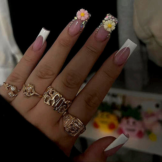 Floral Dream Long Square White and Pink Press On Nail Set with 3D Flower Accents