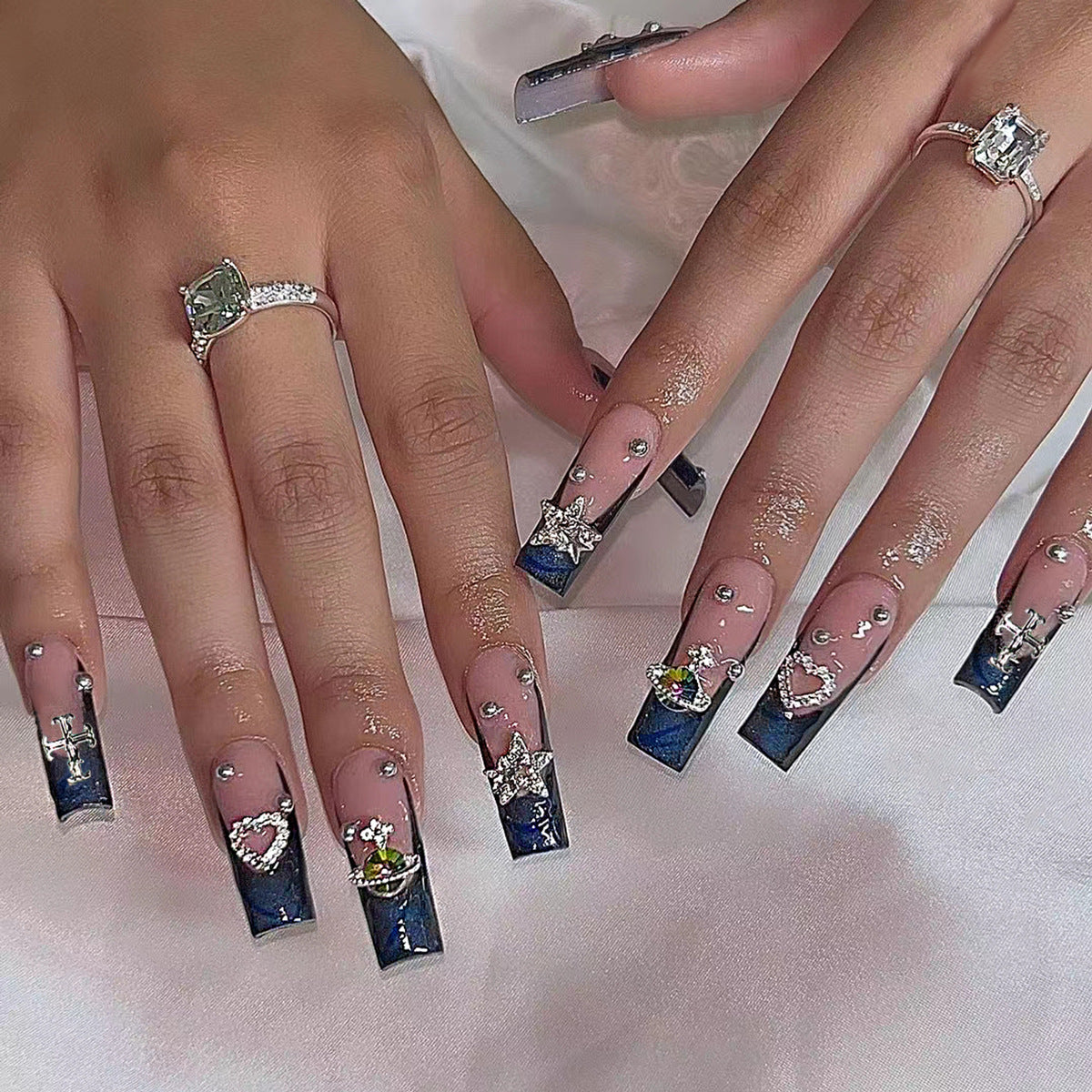 Celestial Glam Long Square Blue and Rhinestone Charm Press-On Nail Set