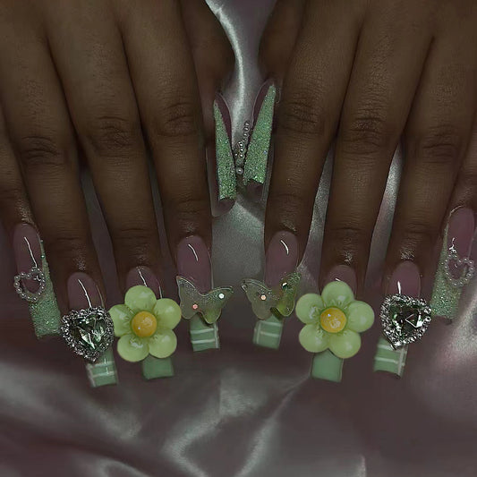 Garden Party Long Square Press On Nail Set in Mint Green Pink with Floral and Butterfly Embellishments