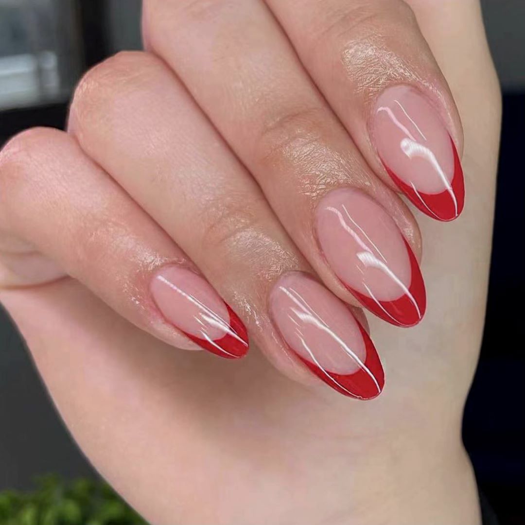 Elegant Valentine Almond Red Tips Press On Long Nail Set 9cm Long Glossy Finish Perfect for Special Occasions