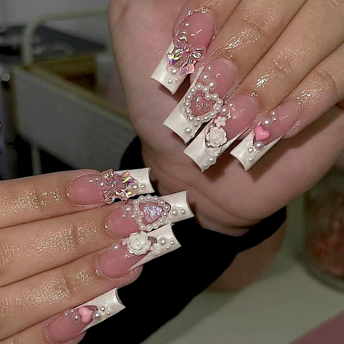 Whimsical Elegance Long Square Pink and White Press On Nails with 3D Floral and Heart Accents