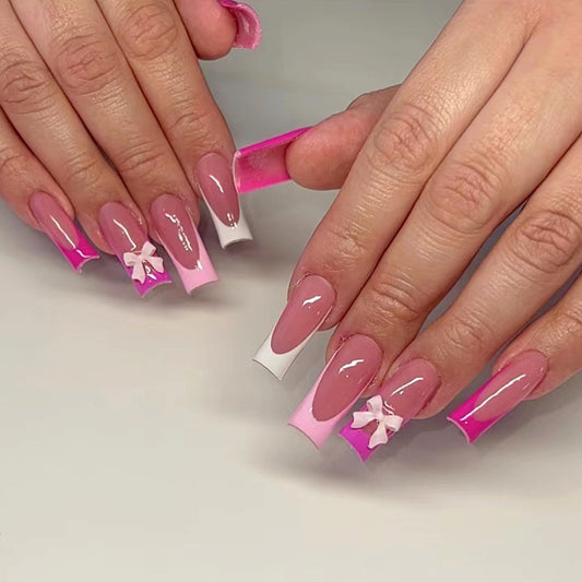 Chic Blossom Long Square Pink Ombre Press On Nail Set with Unique Bow Detail