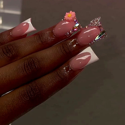 Glamorous Floral Fantasy Long Duck Pink Press On Nail Set with Rhinestones and Decorative Flowers