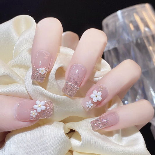 Cherry Blossom Festival Medium Square Pink Glitter Press On Nails with 3D Flower Accents