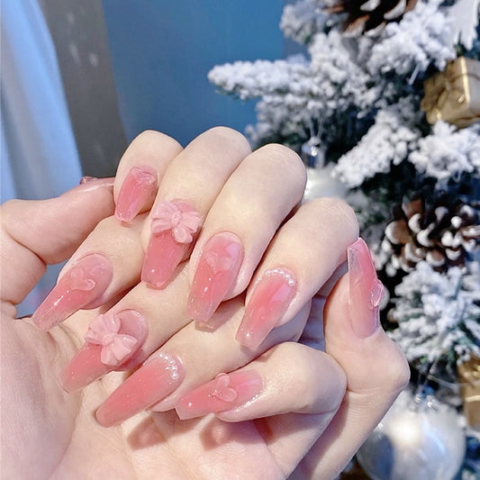 Winter Wonderland Long Coffin Pink Press On Nails with 3D Bow Accents