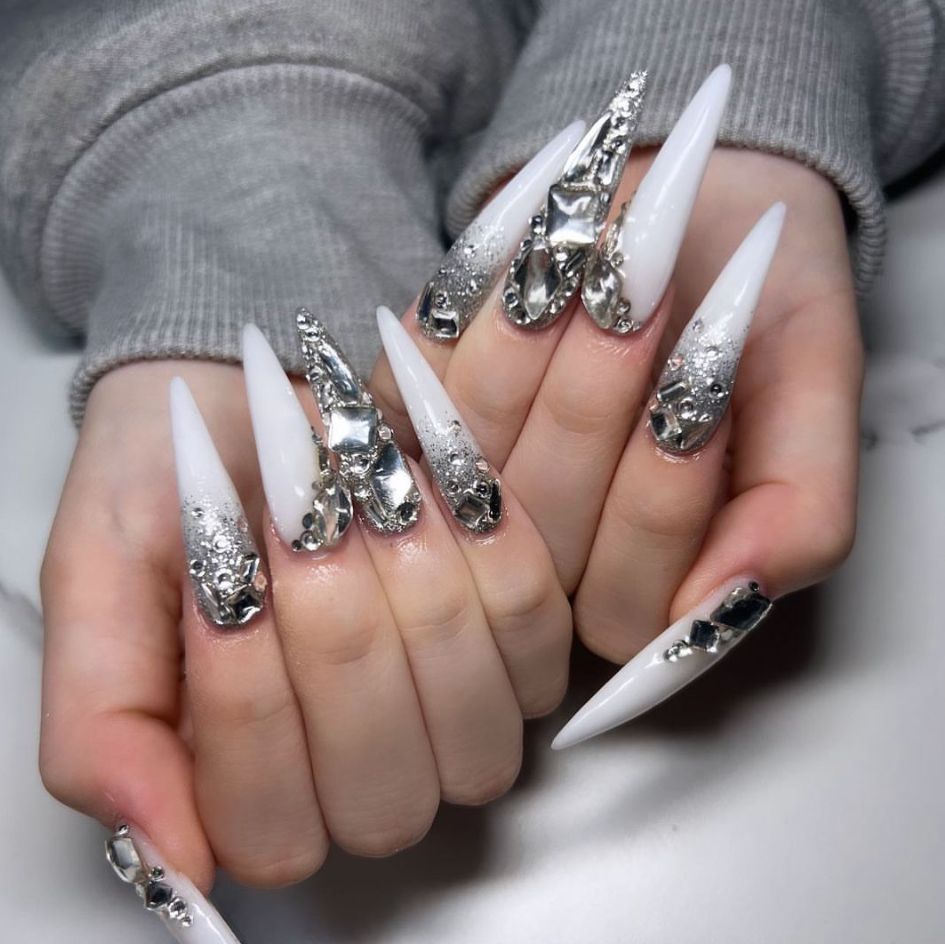 Winter Elegance Long Stiletto White Press On Nails with Silver Glitter and Rhinestones