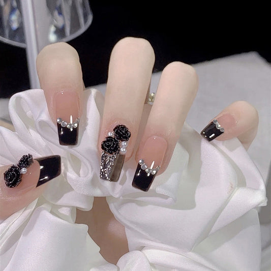 Elegant Evening Long Coffin Black Press On Nails with Glitter Accents and Floral Embellishments