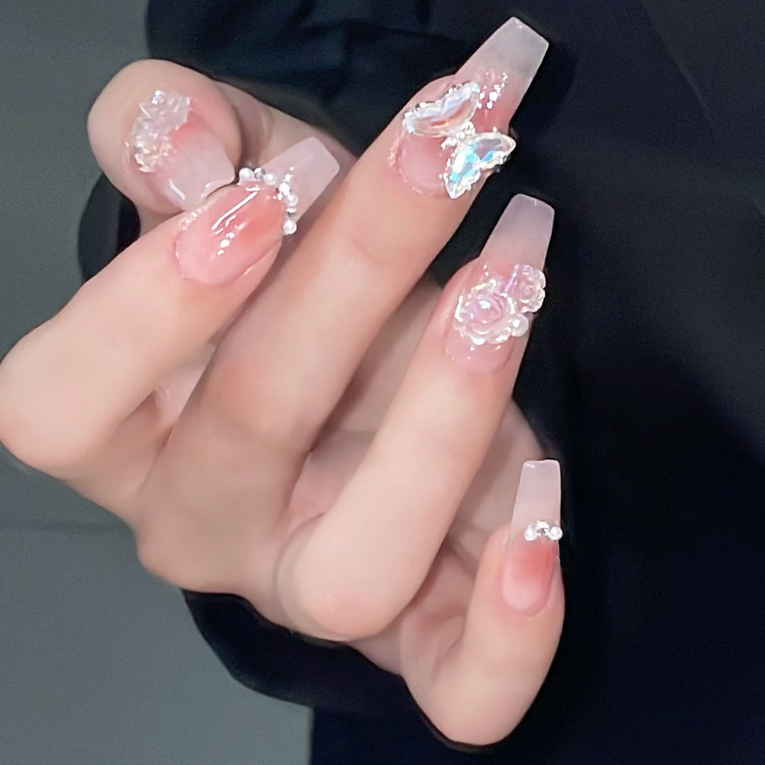 Fairy Garden Inspired Long Coffin Blush Pink Press On Nail Set with Floral and Butterfly Accents