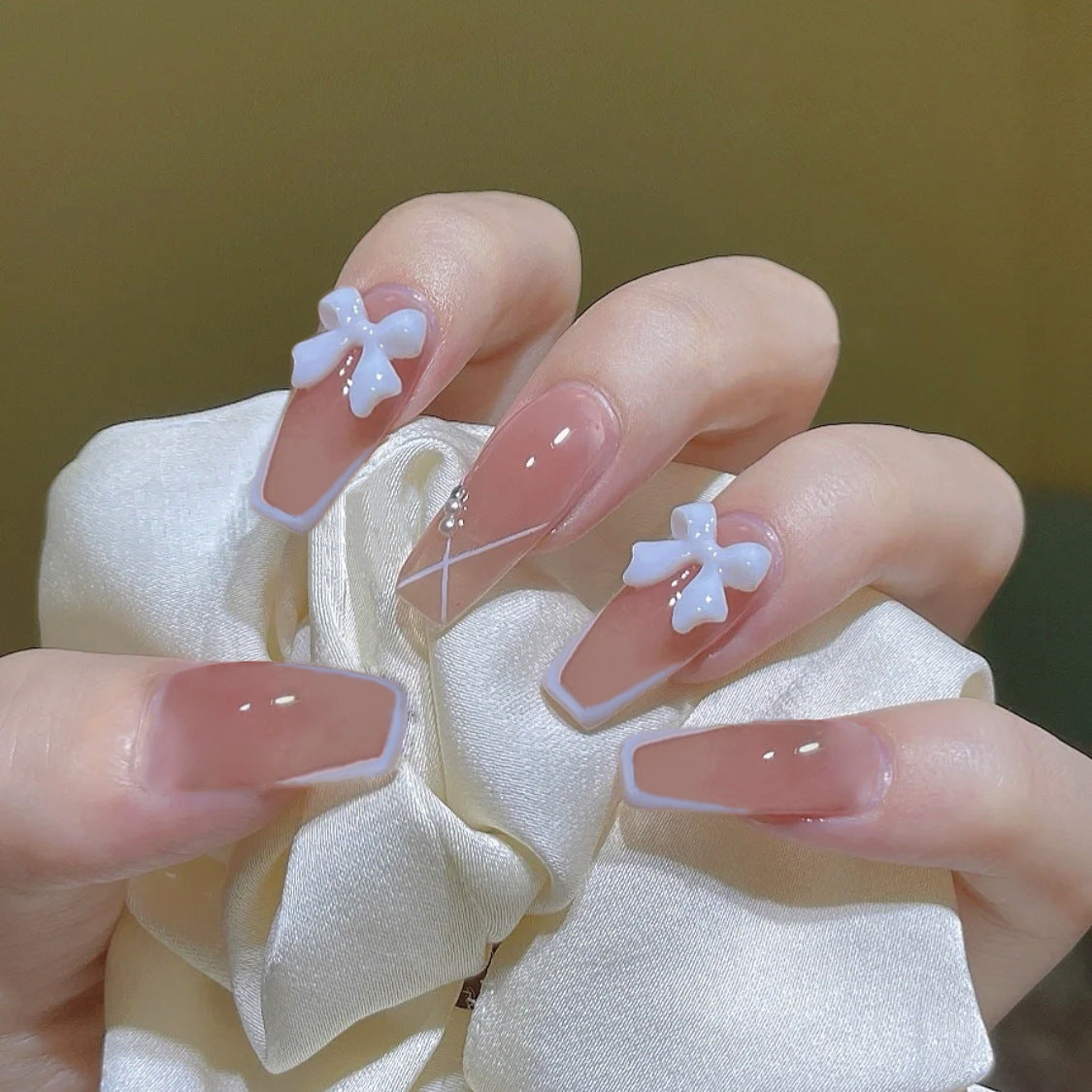 Starry Elegance Long Coffin Beige Press On Nail Set with White Bow Accents