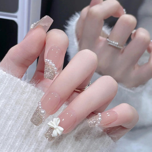 Winter Elegance Long Coffin Beige Press On Nails with Glitter Accents and Pearl Embellishments