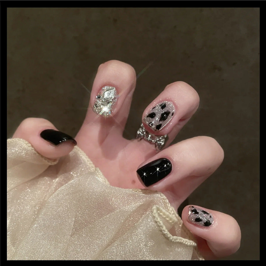 Glamorous Galaxy Short Squoval Black Press On Nail Set with Sparkling Rhinestones and Constellation Accents