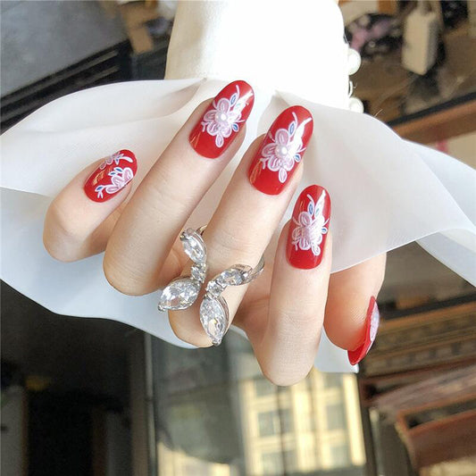 Elegant Floral Elegance Long Oval Red Press On Nails with White Flower Accents