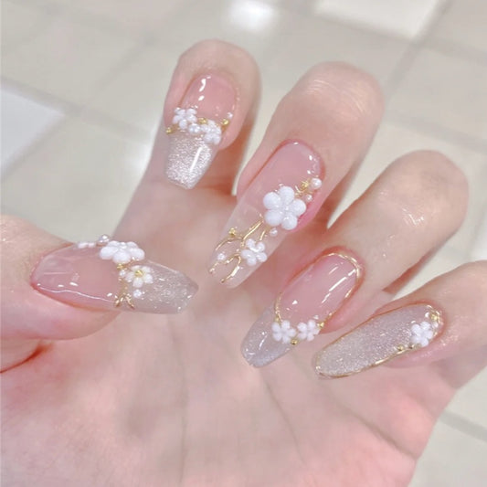 Bridal Bliss Long Coffin Pink Glitter Floral Embellished Press on Nail Set