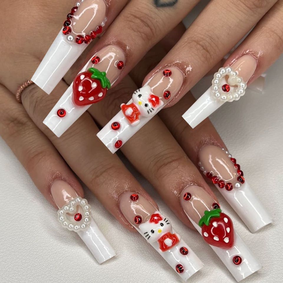 Strawberry Delight Long Square White Press On Nails with Cute Kitty and 3D Fruit Accents