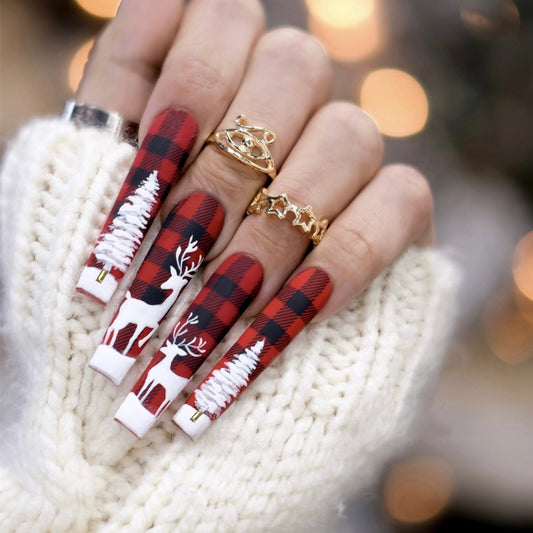 Winter Wonderland Extra Long Coffin Red and Black Buffalo Plaid Press On Nails with White Reindeer Accents