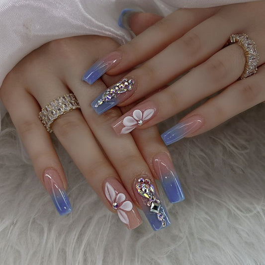 Whimsical Blue Ombre Long Square Press On Nail Set with Stunning Floral and Gemstone Accents