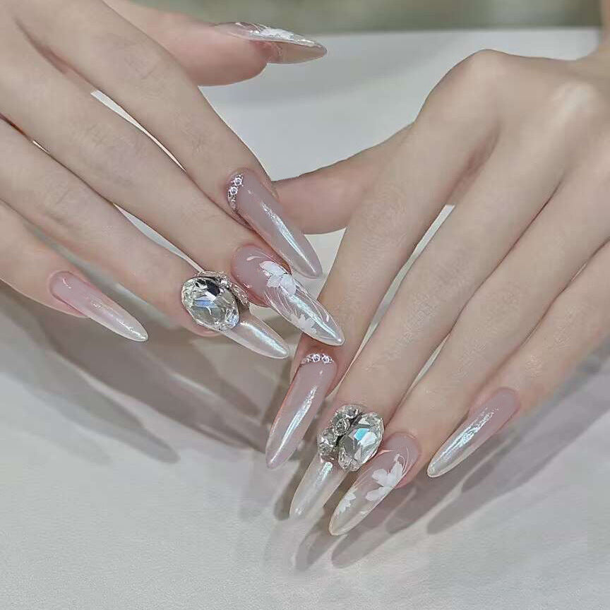 Enchanted Elegance Extra Long Almond Pink Ombre Press On Nail Set with Rhinestone Accents