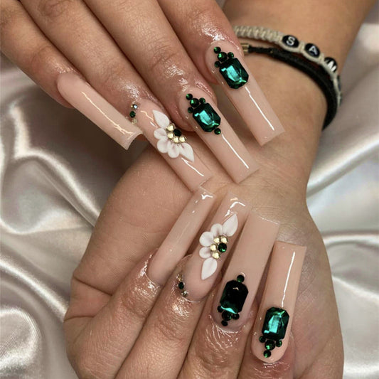 Elegant Emerald Garden Extra Long Square Beige Press On Nail Set with Floral and Gemstone Accents