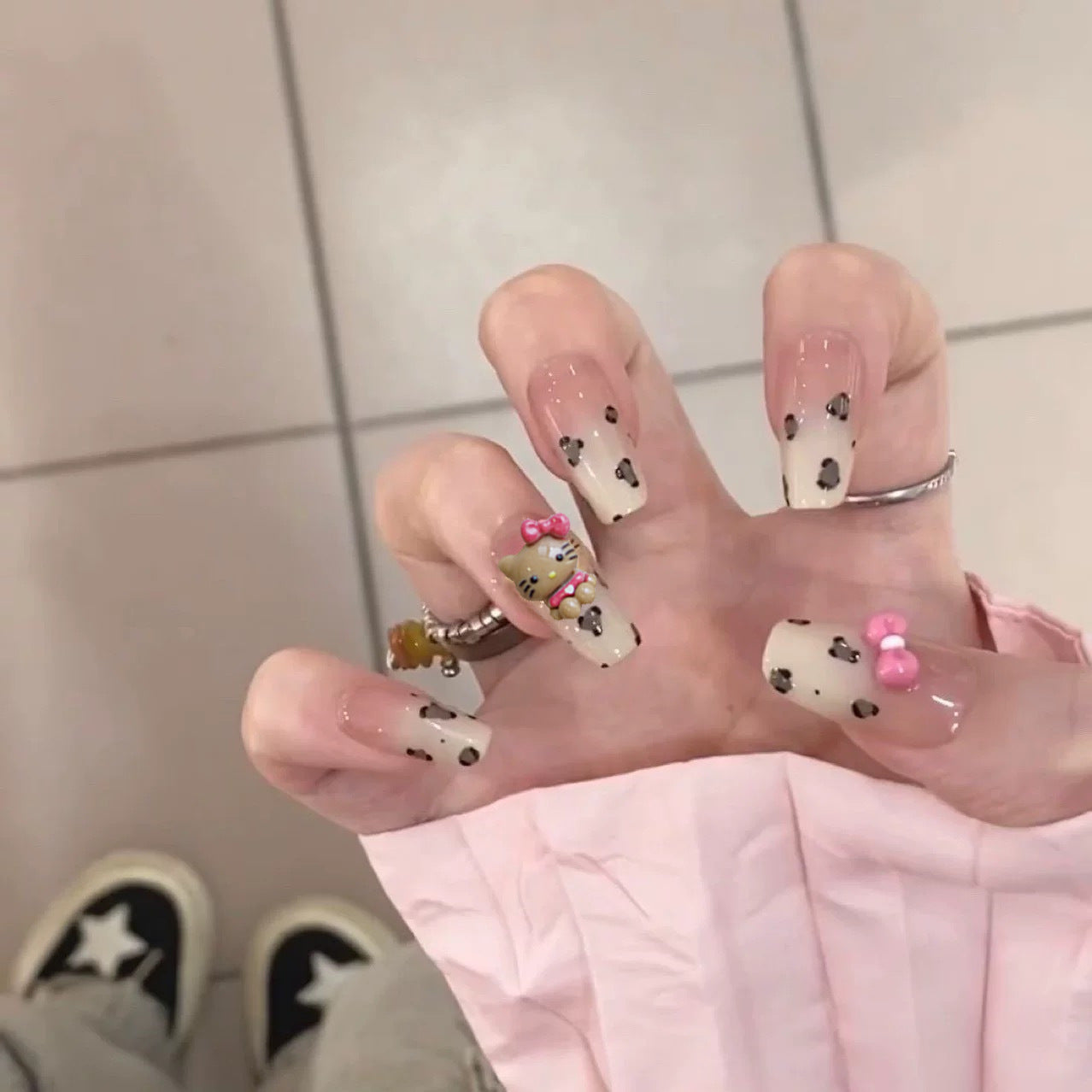 Cute Bear Theme Extra Long Coffin Press On Nails in Beige with Adorable 3D Decorations