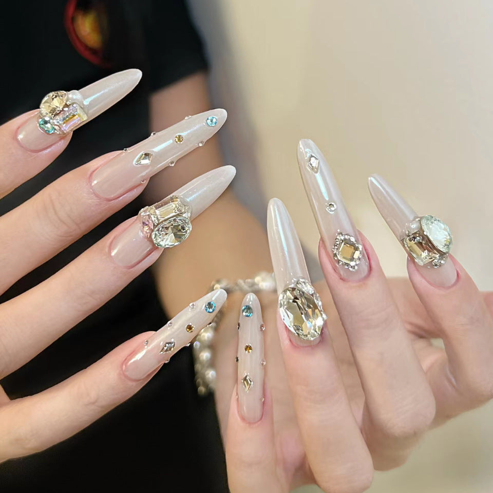 Glamorous Elegance Long Almond Shaped Beige Press On Nail Set with Stunning Crystal Embellishments