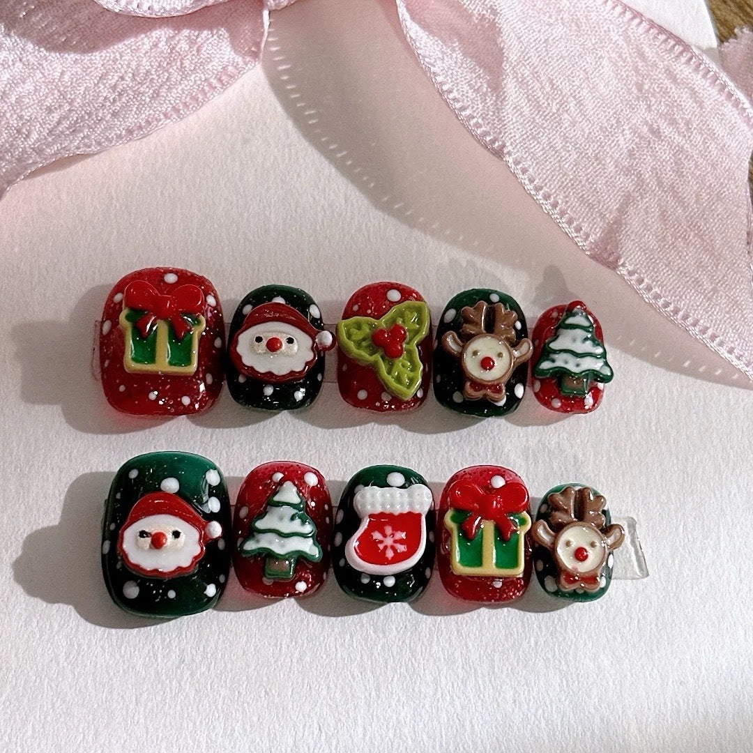 Holiday Cheer Short Oval Red and Green Press On Nail Set with Festive 3D Charms