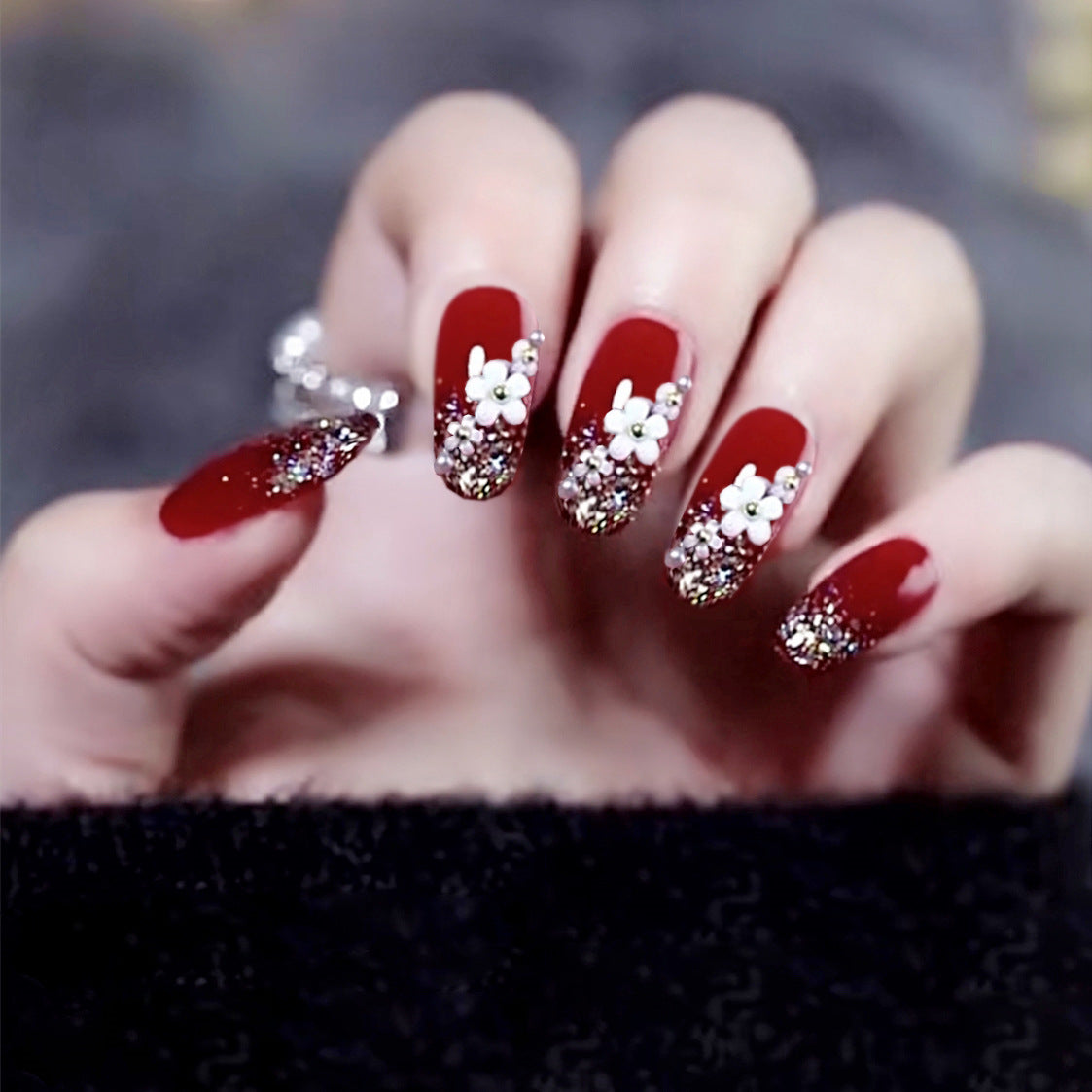 Elegant Floral Wonderland Long Oval Red Glitter Ombre with Charming Flower Accents Press On Nail Set