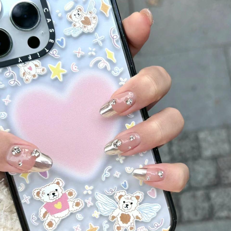 Sweet Bear Fantasy Long Oval Clear and Metallic Gold Press On Nail Set with Sparkling Rhinestones