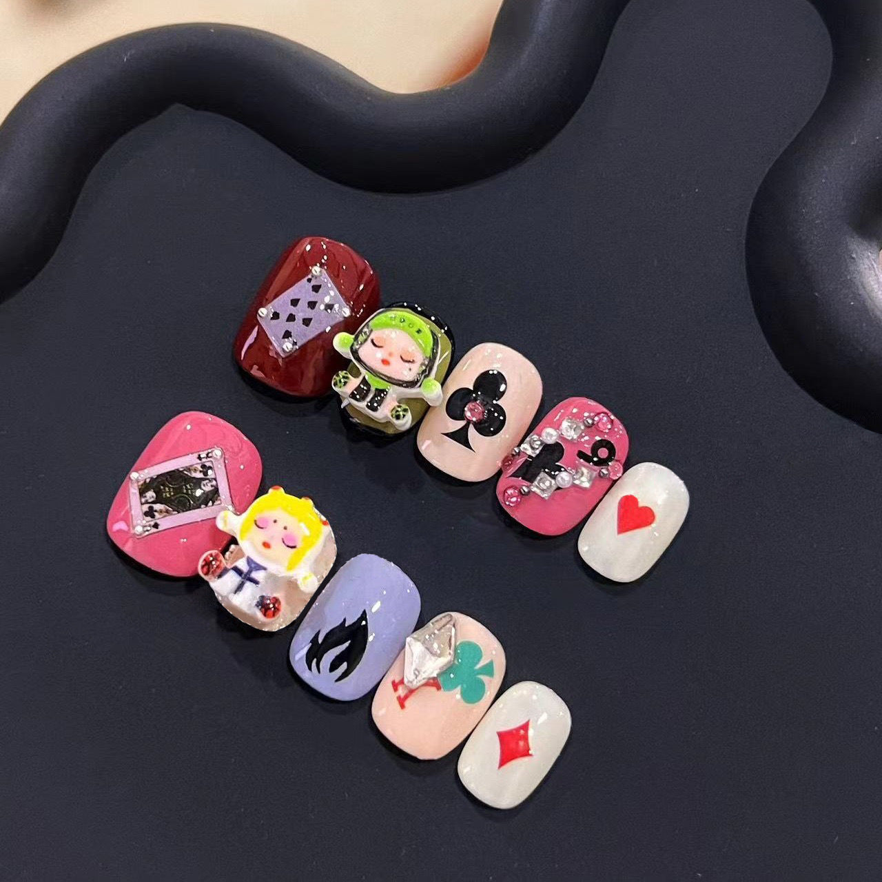 Playful Fantasy Short Round Multicolor Press On Nail Set with 3D Character and Gemstone Accents