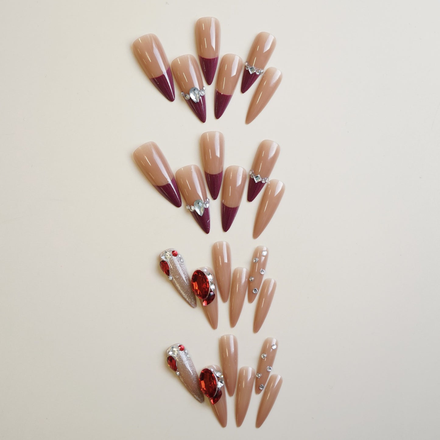 Glamorous Elegance Long Stiletto Beige and Burgundy Press On Nail Set with Rhinestone Accents