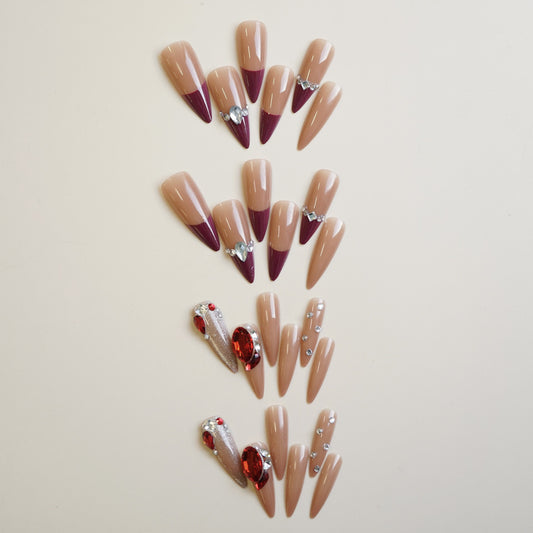 Glamorous Elegance Long Stiletto Beige and Burgundy Press On Nail Set with Rhinestone Accents