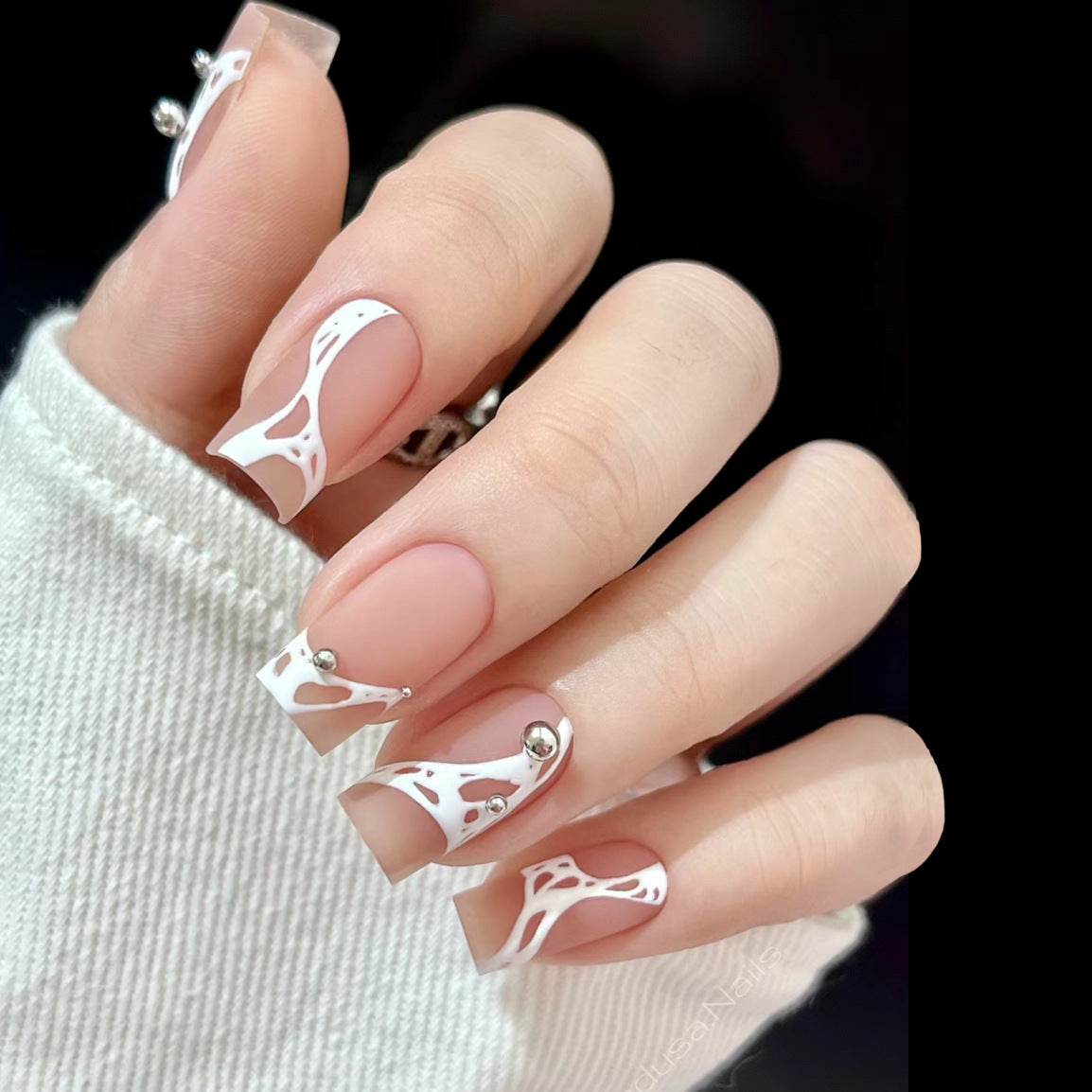 Chic Elegant White Sculpted Press On Nail Set Long Square Shape with Unique Cutout Design and Rhinestone Accents