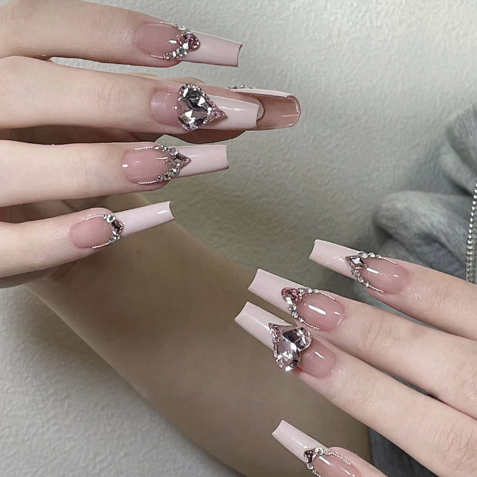 Enchanted Elegance Long Coffin Pale Pink Press On Nails with Sparkling Gem Accents