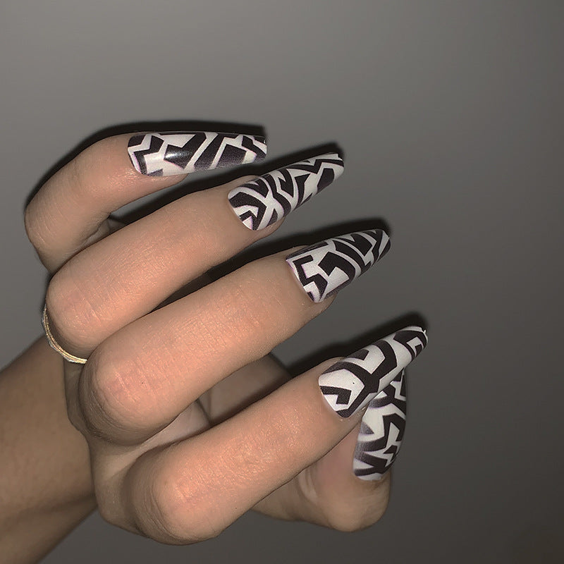 Tribal Elegance Extra Long Coffin Black and White Geometric Pattern Press on Nail Set