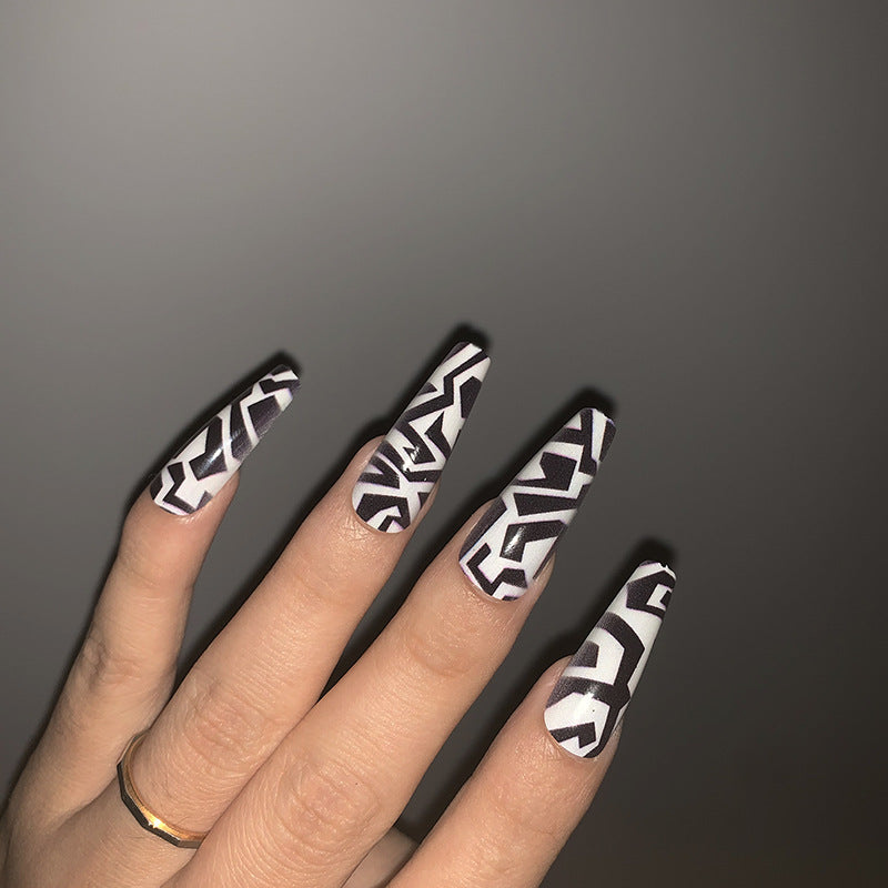 Urban Safari Long Coffin Black and White Geometric Pattern Press On Nail Set