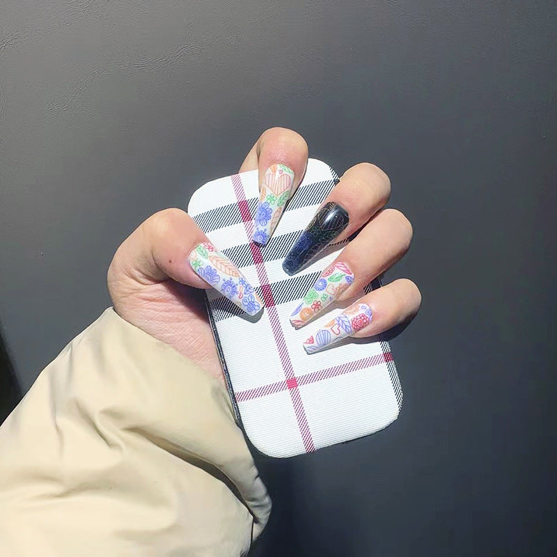 Festival Vibes Long Coffin Pastel Rainbow Press-On Nails with Floral Accents