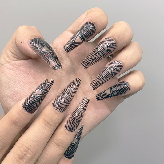 Tribal Elegance Long Coffin Black and Silver Press On Nail Set with Geometric Patterns