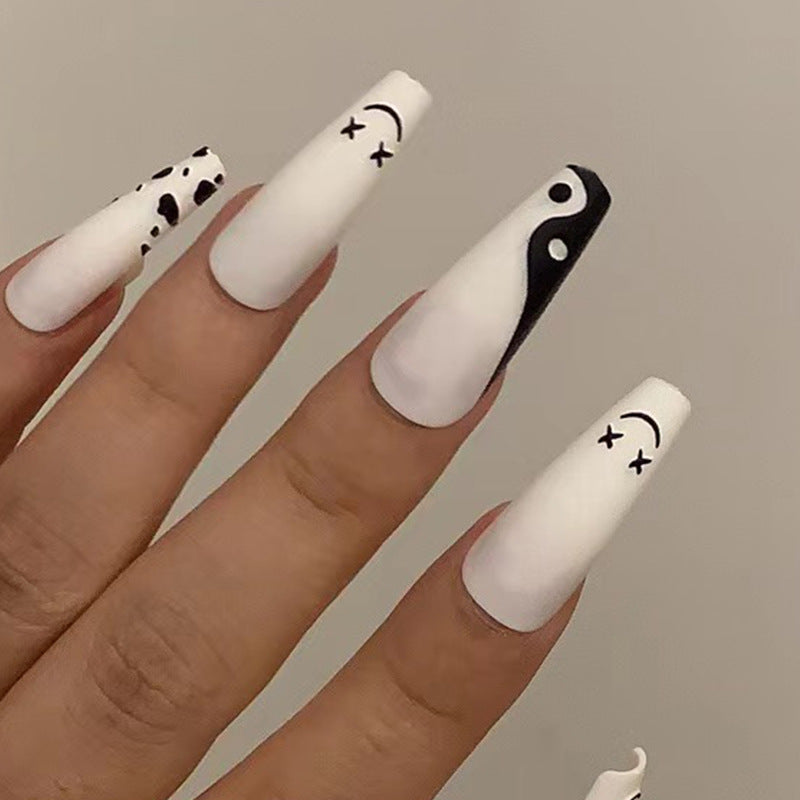 Yin Yang Harmony Long Coffin Black and White Press On Nail Set with Unique Facial Expressions Design